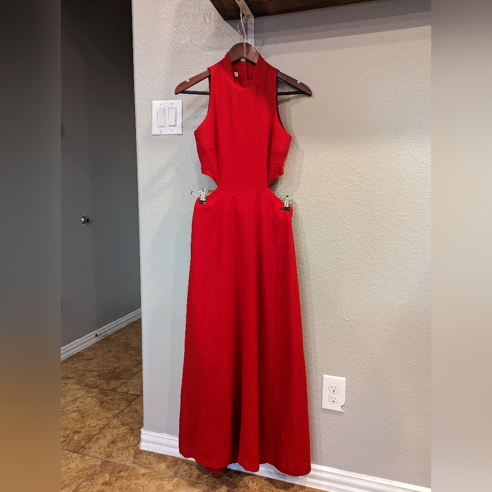 Vintage 90s Lynn Lugo red halter cut out dress Sz P